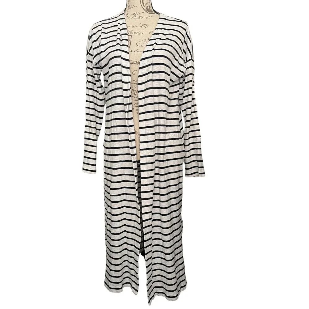 J. Jill Duster Cardigan Womens L White Black‎ Striped Open Front Coastal Layer